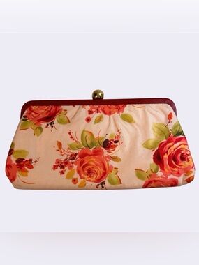 Banana Republic Y2K Silk Floral Clutch Frame Clasp Pink Orange Evening Bag